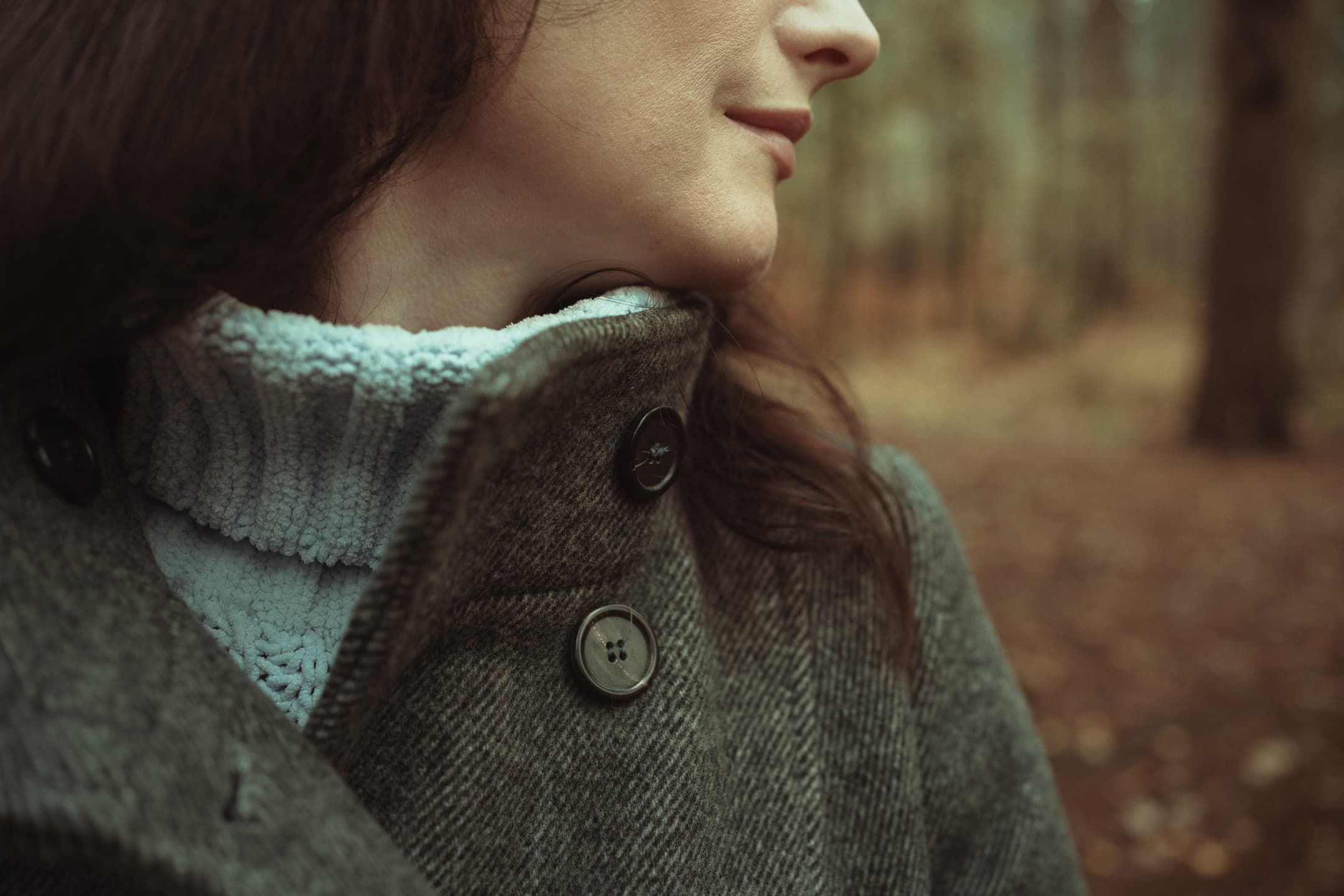 woman wool coat autumn forest